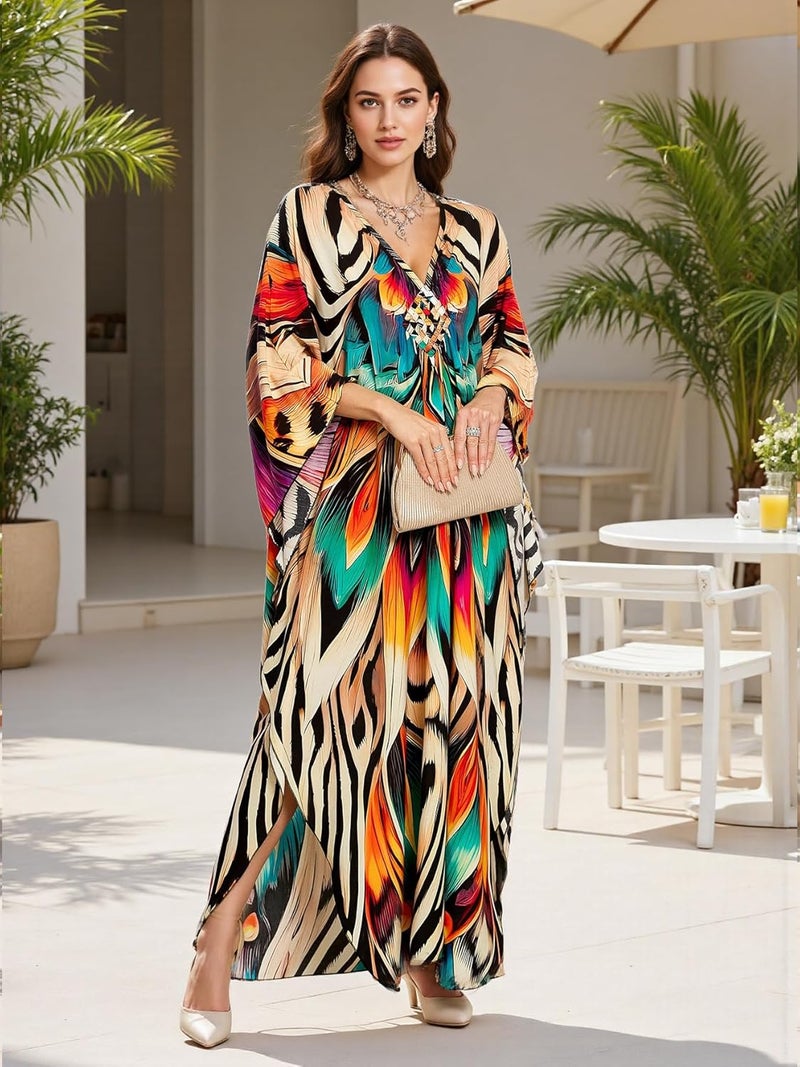 IMAGEKOPE Women's Plus Size Animal Print V-Neck Batwing Kaftan Beach Dress Bathing Suit Cover-Up Loungewear - Image 5